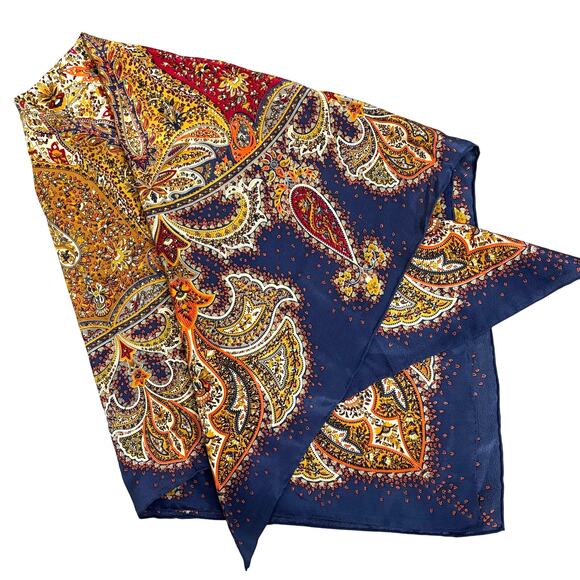 Vintage Silk Scarf Large Square paisley print blue gold red orange dramatic chic - Picture 7 of 7